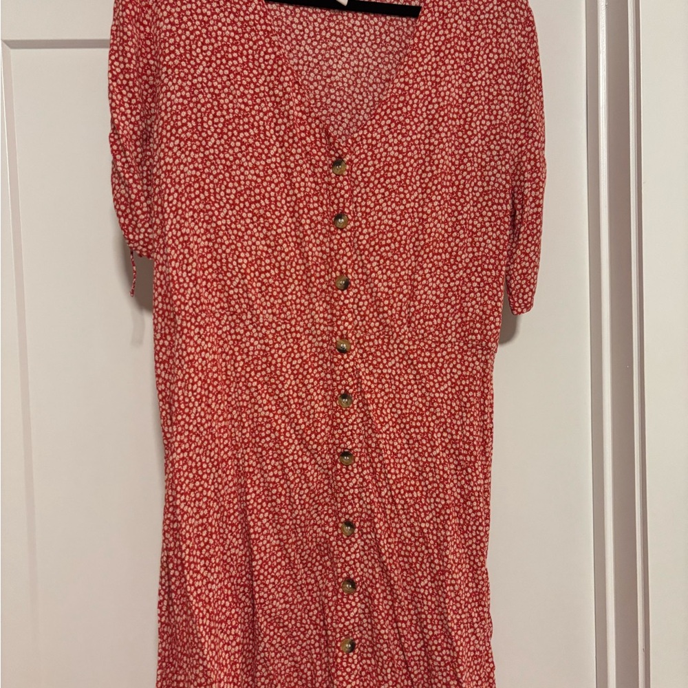 H&M Orange Pink Puff Sleeve Midi Sundress
